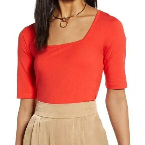 HALOGEN‎ NEW $49 Short Sleeve Square Neck Top in Poppy Red XXL - Picture 1 of 4